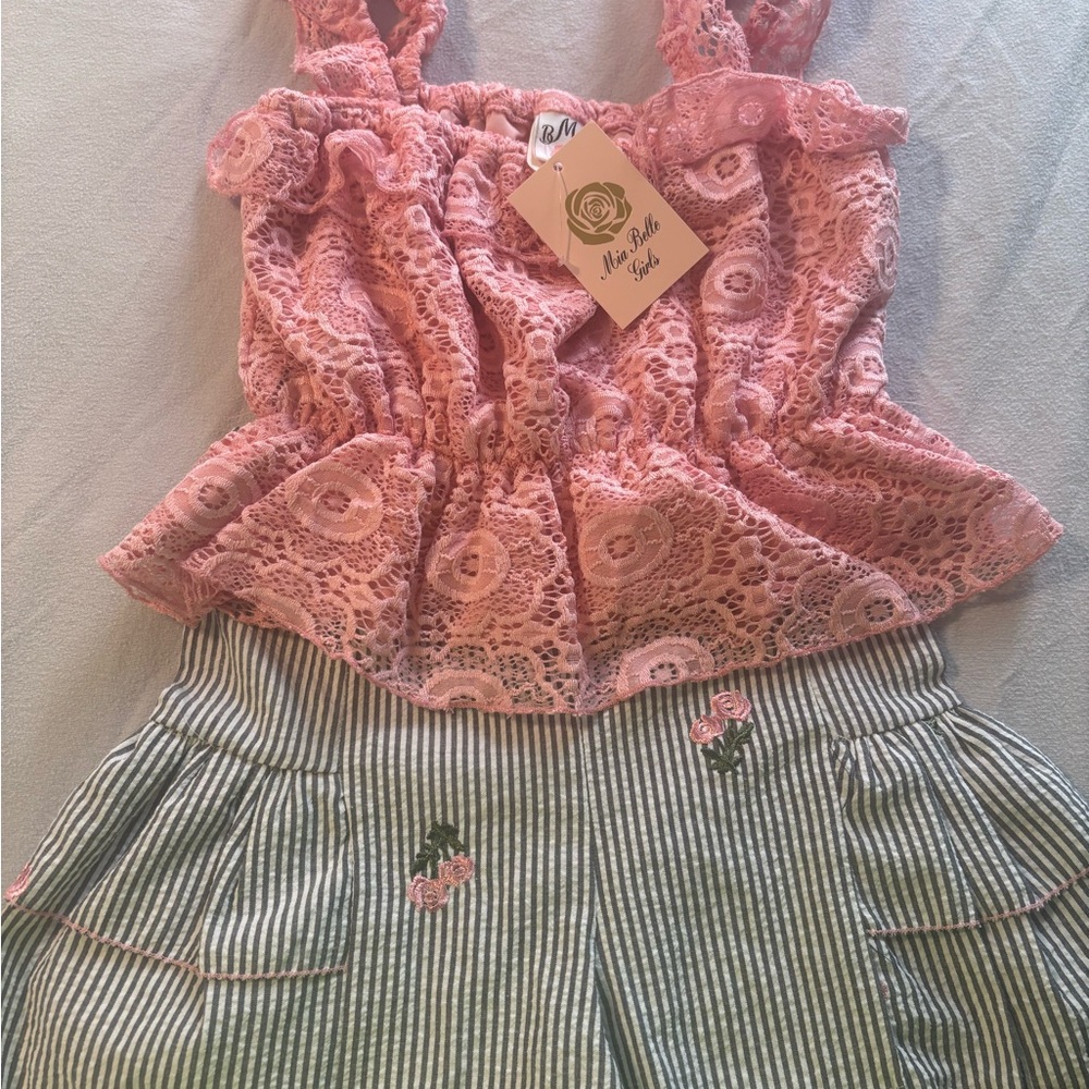 Pink Lace Top and Striped Skirt Set